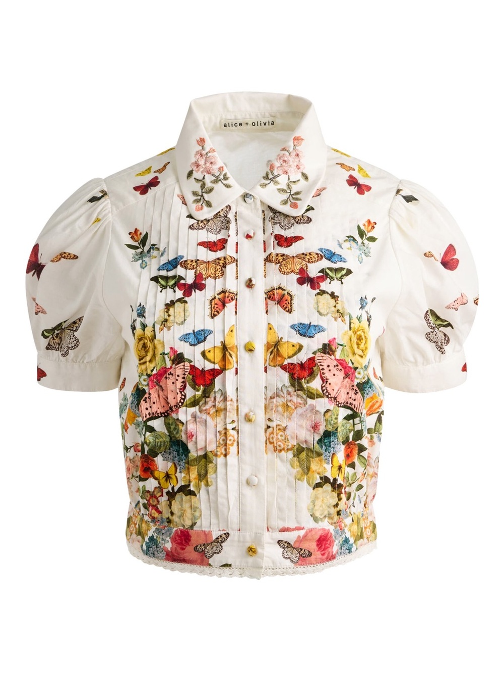 Alice + Olivia White Floral & Butterfly Pintuck Short-Sleeve Blouse
